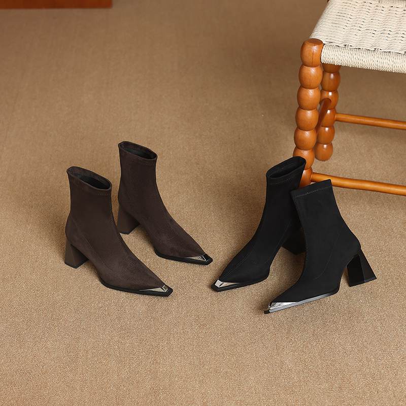 Krazing Pot Flock Autumn Winter Shoes Metal Decoration Thick High Heels Big Size 40 Modern Boots Square Toe Keep Warm Slip On Ankle Boots