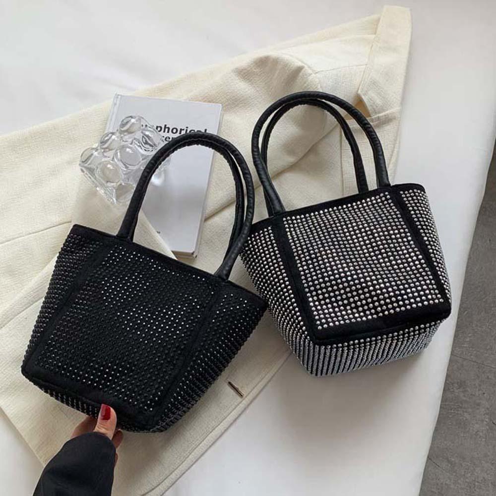 PU Sparkling Square Bag Classical Bucket Handbag Simple Bright Rhinestone Shoulder Bag Outdoor