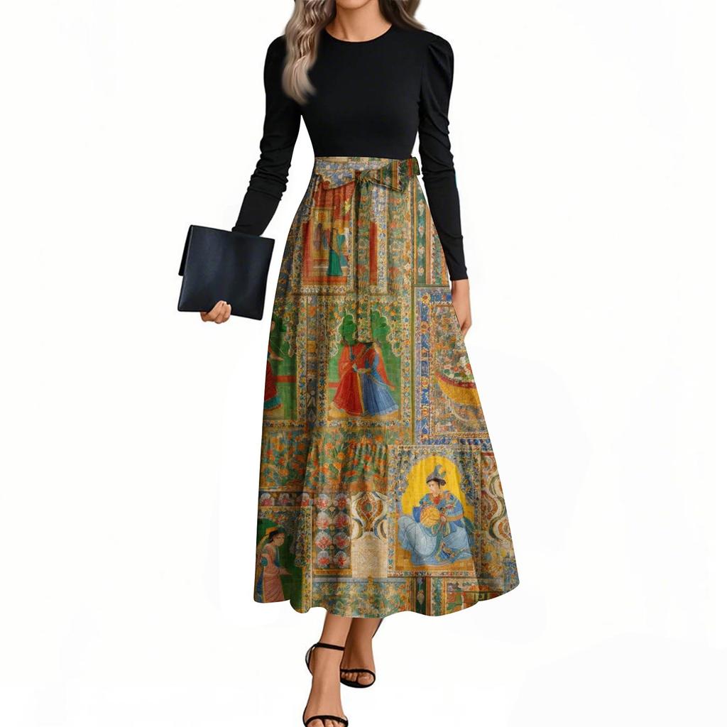 Rochii de damă la modă, casual, cu centură, cu mânecă lungă, cu gât rotund, cu imprimeu floral, elegante, cu temperament