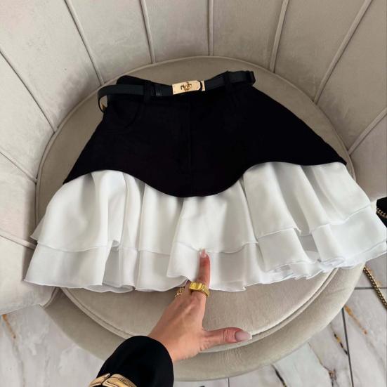 

Women Summer Skirt High Waist Ruffle Hem Splicing Design Mini Skirt with Pockets Work Leisure S коричневий