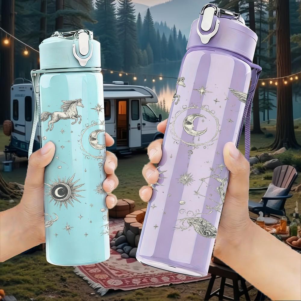 1PC Sun Moon Star Celestial Sketch Print 750ml Color Plastic Sports Water Bottle Leakproof Flip Straw Lid Suitable for Sports Office Home Use