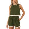 Women's Summer Two-piece Linen Lace Edge Crew-neck Vest Top Shorts