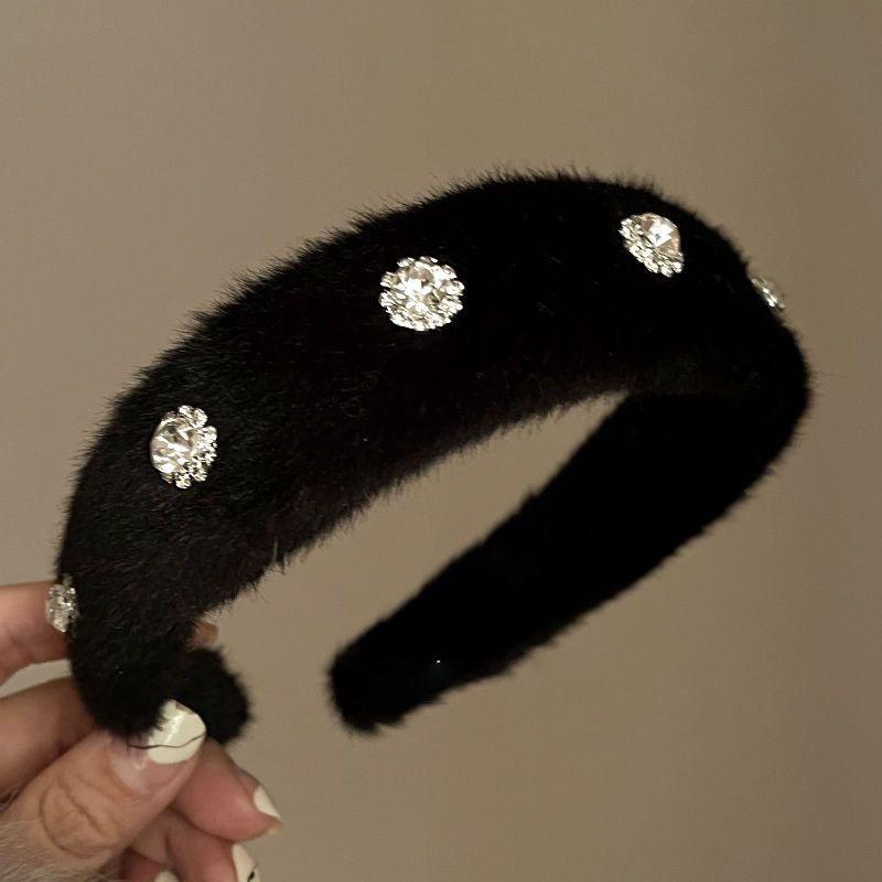 Diamant Nerts Bont Hoofdband Haarringen Dames Winter Pluis Ski Haaraccessoires Warm Zacht Kunstmatig Lamswollen Haarbanden black