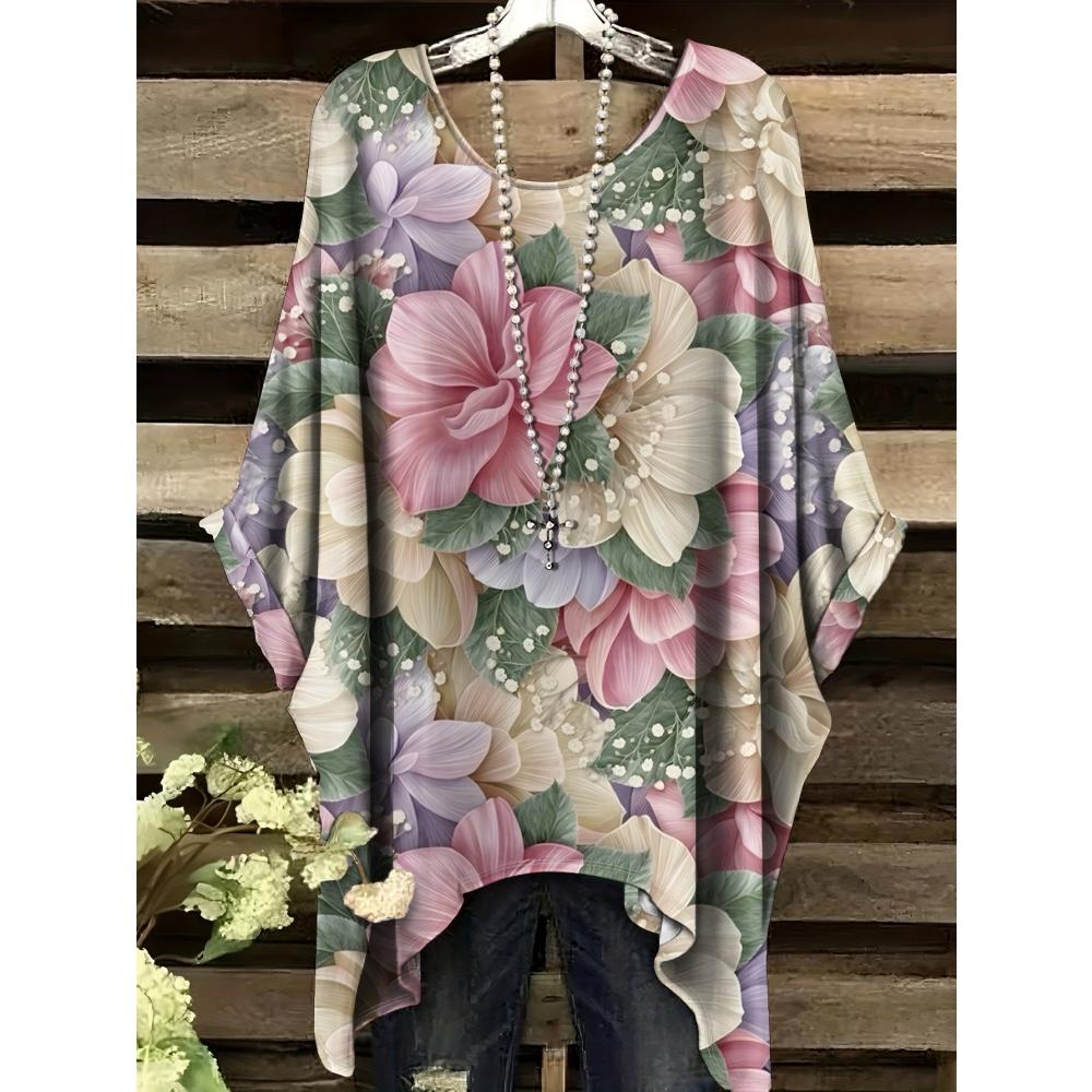 Haine de Vară Femei 2025 Albastru Marin și Alb cu Imprimeu Floral Elegant Versatil Design Decolteu Rotund Mânecă Scurtă Top Y2k pentru Femei