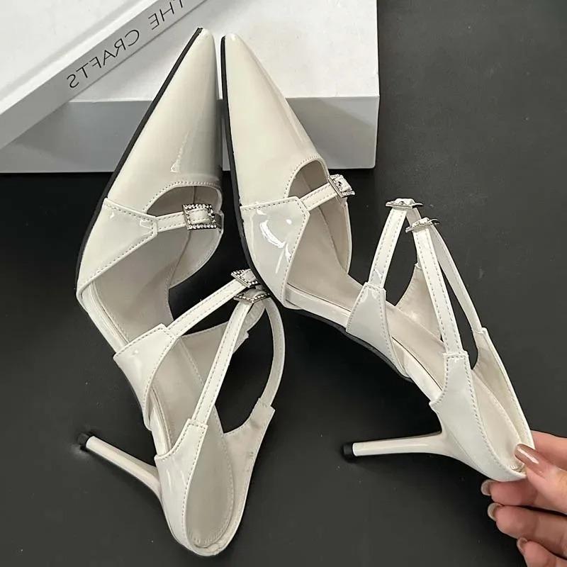 Pesstwei Designer Sexy Patent Leather Pointed Toe Slippers Women Pumps Sandals Narrow Band Thin Heel Slingback Mules Shoes Size 40