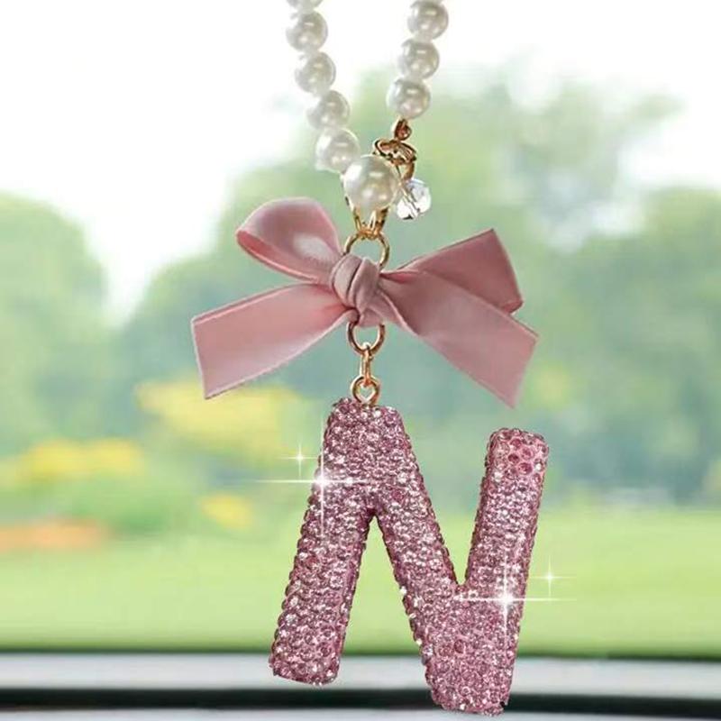 Creative Diamond Fashionable Bow Letter Car Pendant Car Rearview Mirror Decoration Exquisite English Pendant Decoration