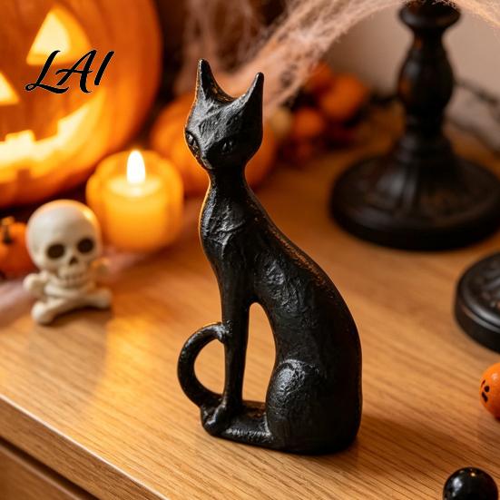 Black Cat Statue Abstract Witch Figurine Resin Statue Gothic Heavy Duty Crafts Ornament Halloween Tabletop Decor for Home Mantel Office Desk Retro