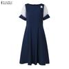 ZANZEA Women Casual Round Neck Mesh Splice Short Sleeve Summer Dress