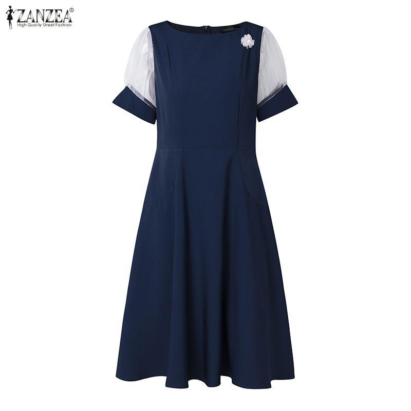 ZANZEA Women Casual Round Neck Mesh Splice Short Sleeve Summer Dress