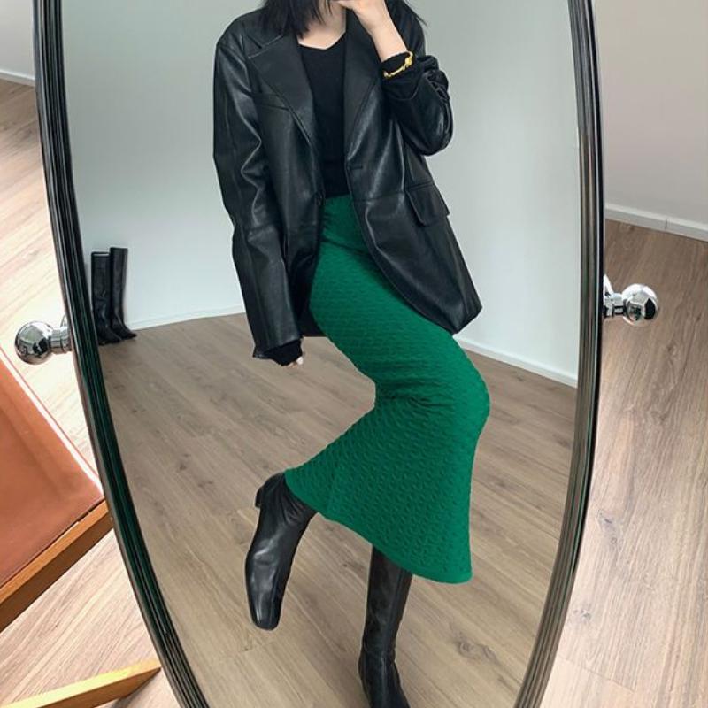 

Классическая черная облегающая юбка средней длины для женщин, осень/зима, высокая талия, трикотажная юбка средней длины 2XL