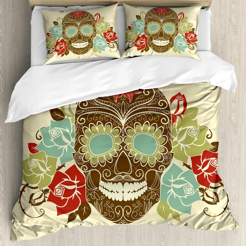 Sugar Skull Duvet Cover Illustration Of Diamond And Roses Vintage Revival Design Polyester Bedding Set Double Queen King Size