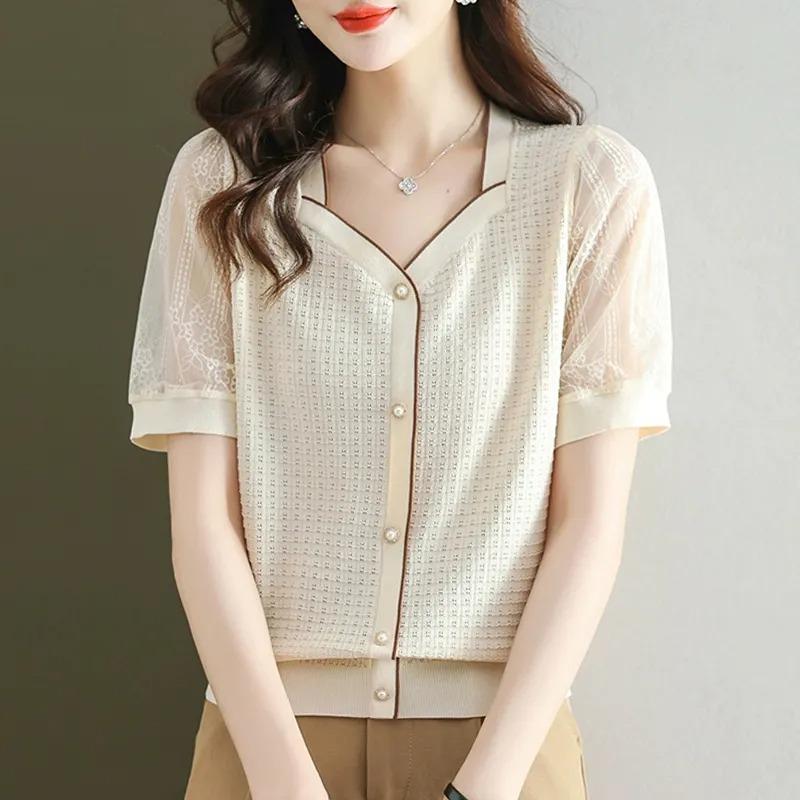 

French Lace Short-sleeved T-shirt for Women Summer New Fake Cardigan Square Neck Top Fashionable Thin Ice Silk Sweater M бежевый