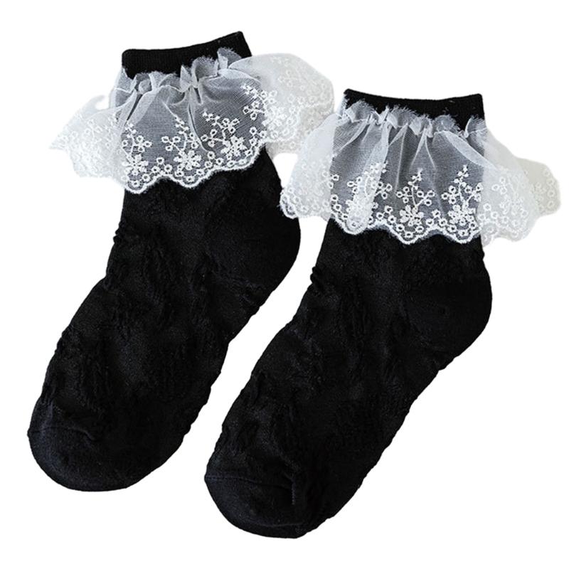 JK Girl Ruffle Lace Trim Cotton Ankle Socks Jacquard Knit Frilly Socks for Women