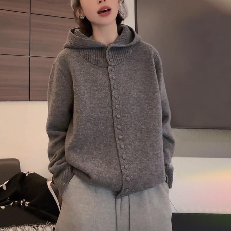 Women Autumn Hooded Sweater Lazy Style Soft Knitted Cardigan Solid Simple Outerwear