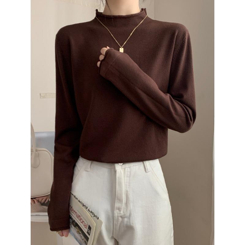 Spring black sweater women's high-end crimped inside knitted top semi-turtleneck temperament versatile bottoming shirt