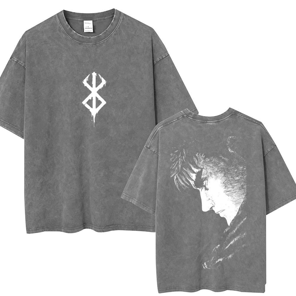 Vintage Washed Anime Berserk Guts T Shirt Swordsman Gatsu Sacrifice Zodd Harajuku TShirt Men Women Loose Cotton Tees Streetwear