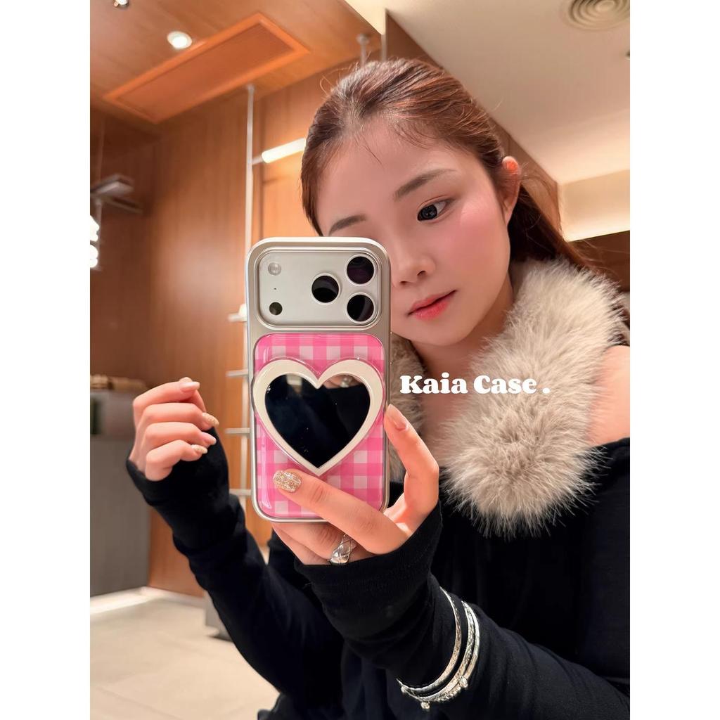 Pink Plaid Heart Mirror Phone Case for iPhone 6/7 Pro Max - Japanese Korean Style