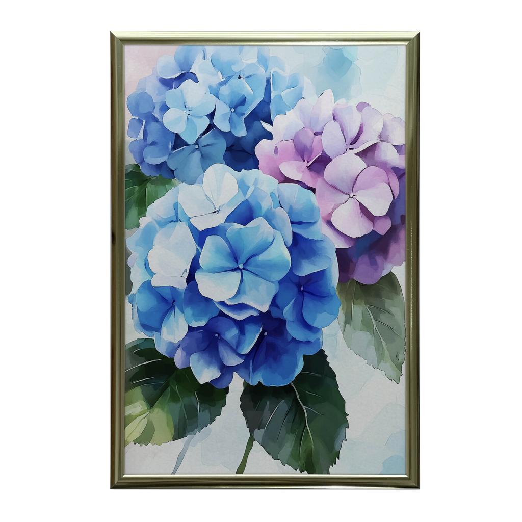 Hortensienblüten in Pastellfarben Hortensienblüten in Pastellfarben, 70X100 cm, Holzrahmen Dunkelbraun, Mattes Papier 230 g/m²