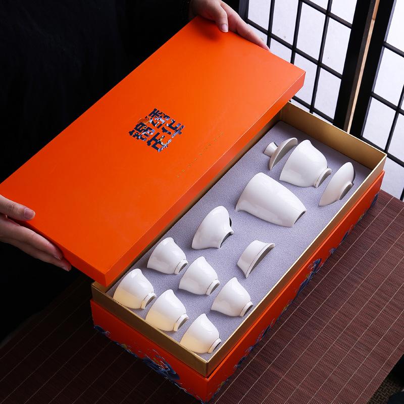 Suet jade porcelain kung fu tea set household light luxury gift box Dehua white porcelain cover bowl teacup business gift