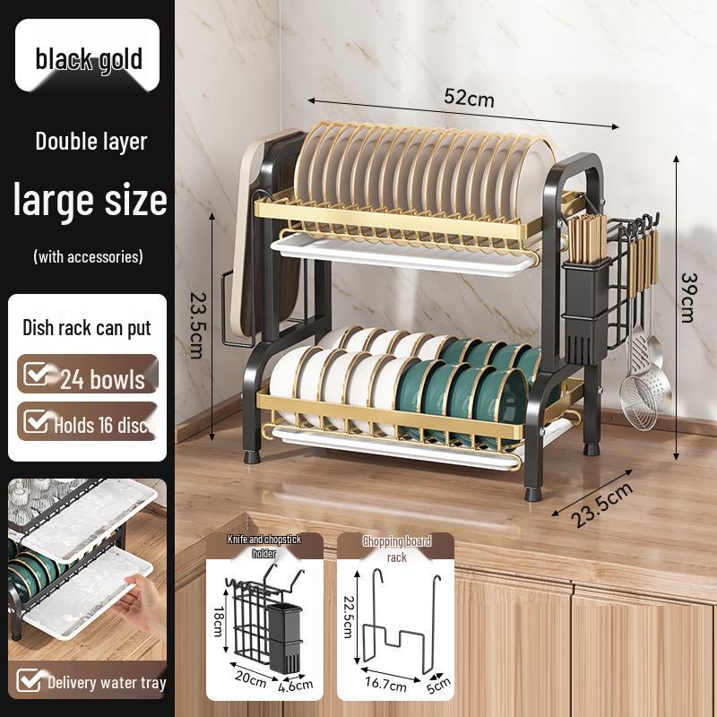 Égouttoir de cuisine multicouche pour bols, assiettes, couteaux et baguettes avec fonctionnalité d'égouttage sur le plan de travail