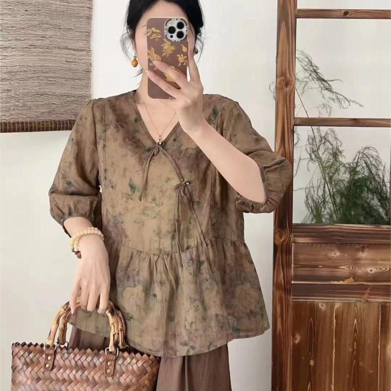 Johnature Spring Print Floral Shirts Women V-Neck Half Sleeve Tops Belt Loose Chinese Style Women Shirts