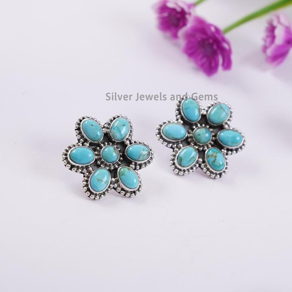 Kingman Turquoise Flower Stud Earrings, Boho Earrings, 925 Sterling Silver Earrings, Cluster Jewelry, Engagement Stud Earring