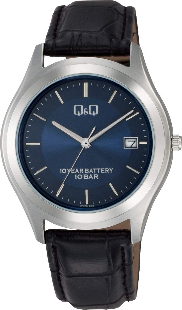 Citizen Analog Leather Date Navy Black Q&Q Men's Wristwatch, Waterproof, Strap, Display, Dial, W478-302,