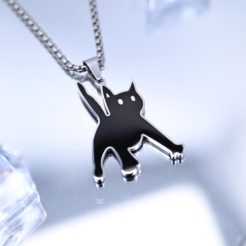 Titanium Steel Scared Cat Necklace For Women Men Korea Fashion Kpop Black Cat Pendant Sweater Chain Couple  Party Gift