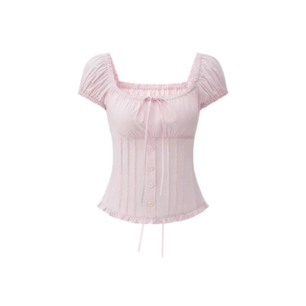Summer Pink Shirt For Women With Puff Sleeves And Square Neck In Polyester Fabric Perfect For Casual Wear