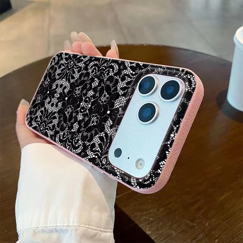 Black Lace Pattern Phone Case For iPhone 17 Pro Max 16 Plus 15 Pro 14 11 13 12 11 16E 17Air XR XS Lychee Textur Soft Cover