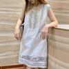 3816 Women's Summer Sleeveless Dress - Elegant White Cotton Linen with Unique Heavy Embroidery
