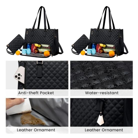 Dámská svačinová taška přes rameno s termoizolační přihrádkou na jídlo, velká kapacita, taška na notebook, prošívaná kabelka pro práci, cestování, business casual