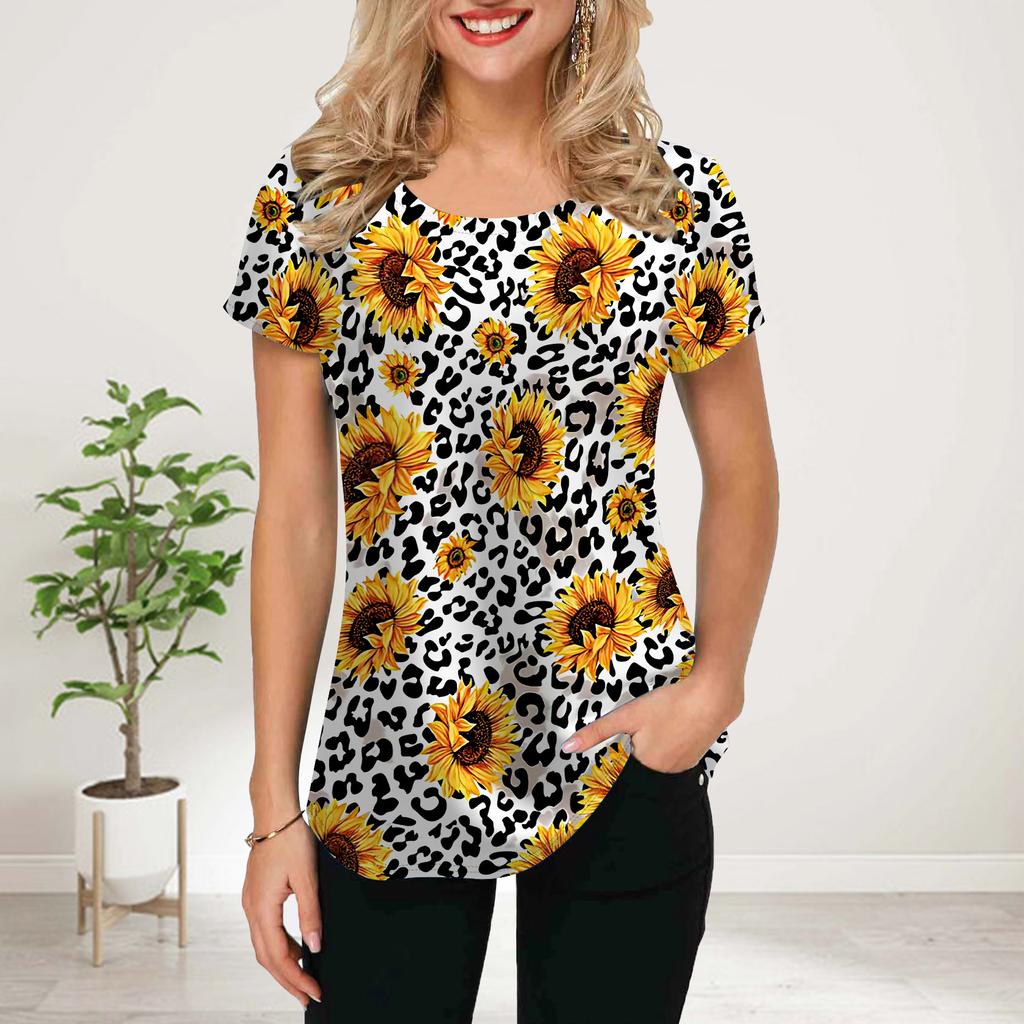 Camiseta feminina de verão, estampa de girassol preta, manga curta, camisetas casuais estampadas