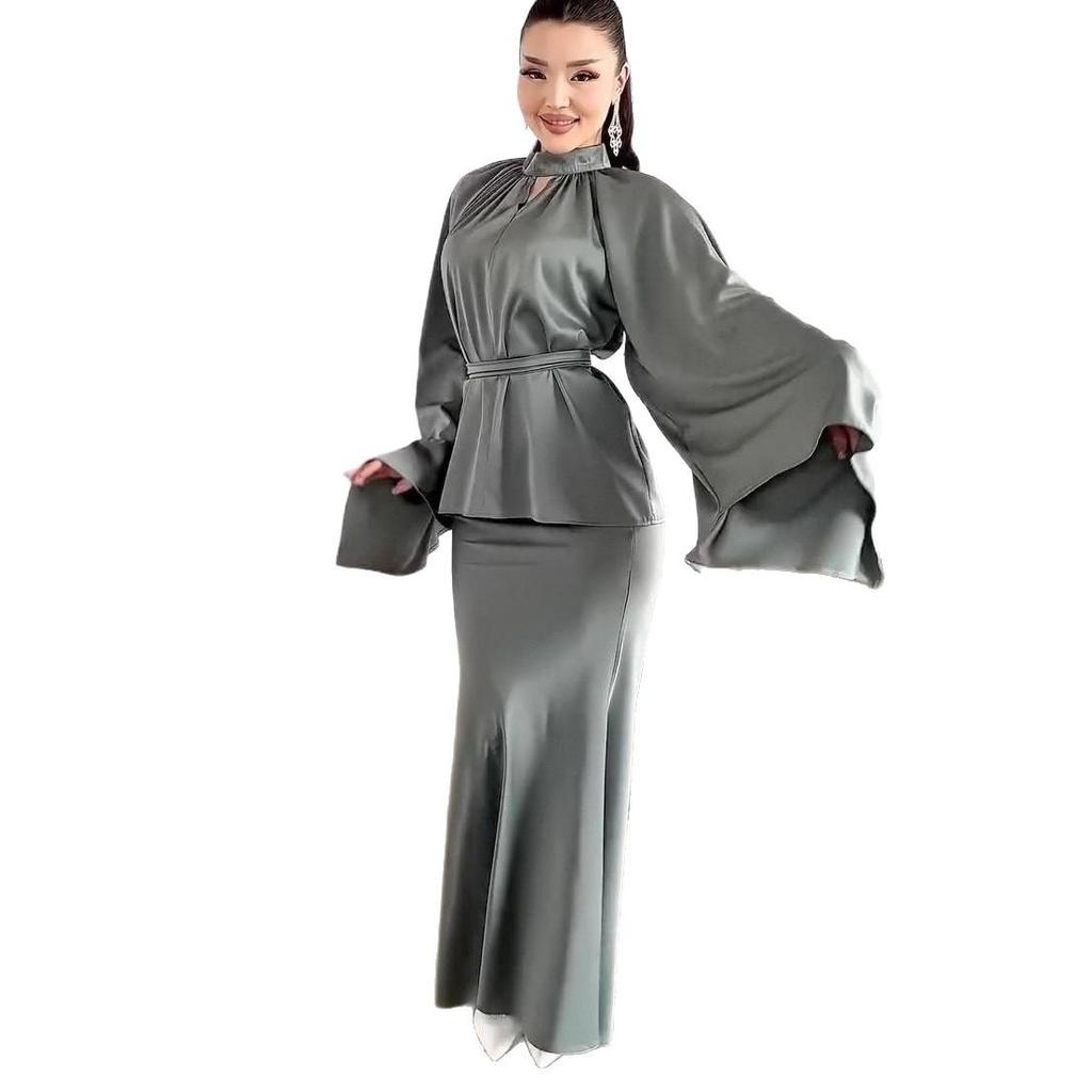 Jesień 2025 Elegancka Damska Sukienka Długa typu Halter z Paskiem w Talii i Długim Rękawem