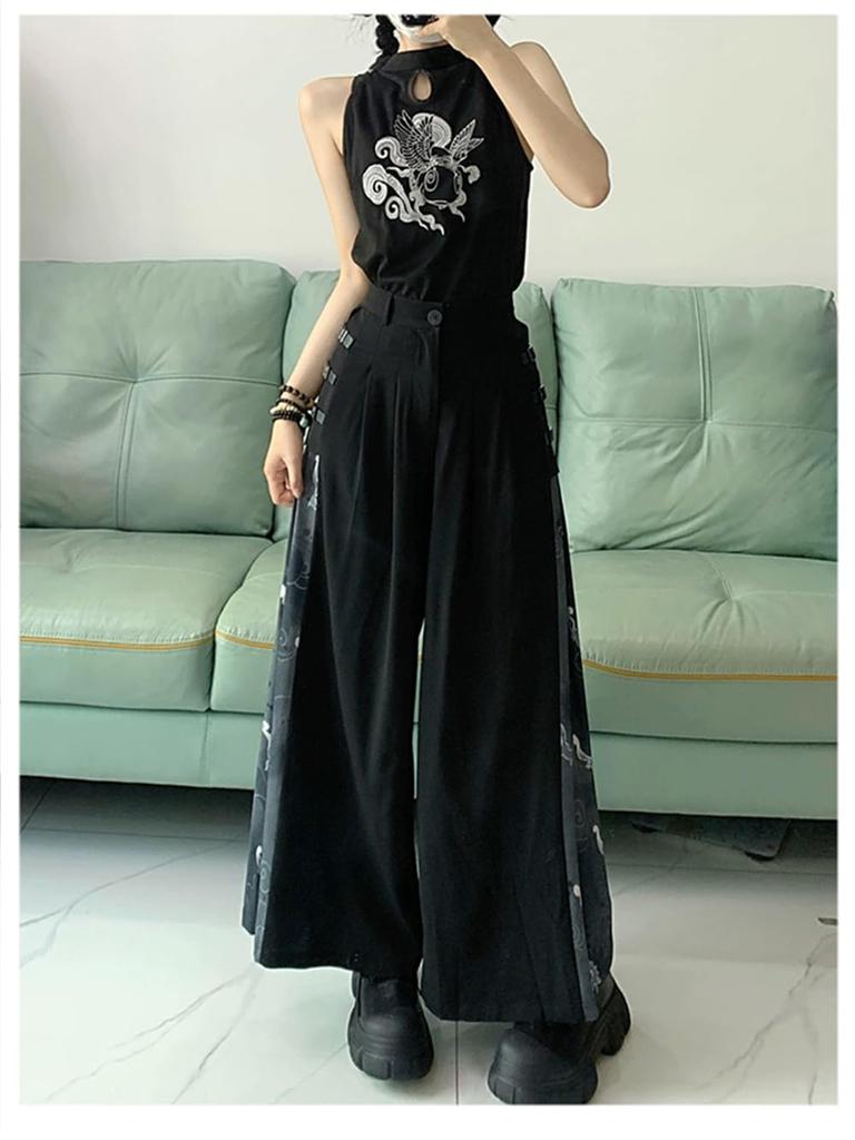ZHONGJUE Hakama Gaucho Loose Long Street Japanese Wide Chinese Different Materials Japanese-style Pants, Pants, Fit, Pants, Culottes, Style,