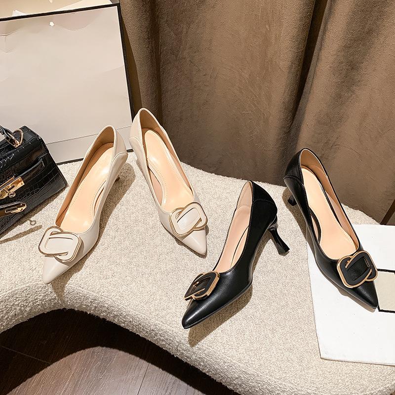 Beige Women pointed tip Single Shoes New Spring Autumn Soft Leather Not Wear Foot French Gentle With Skirt Thin High Heel Shoes