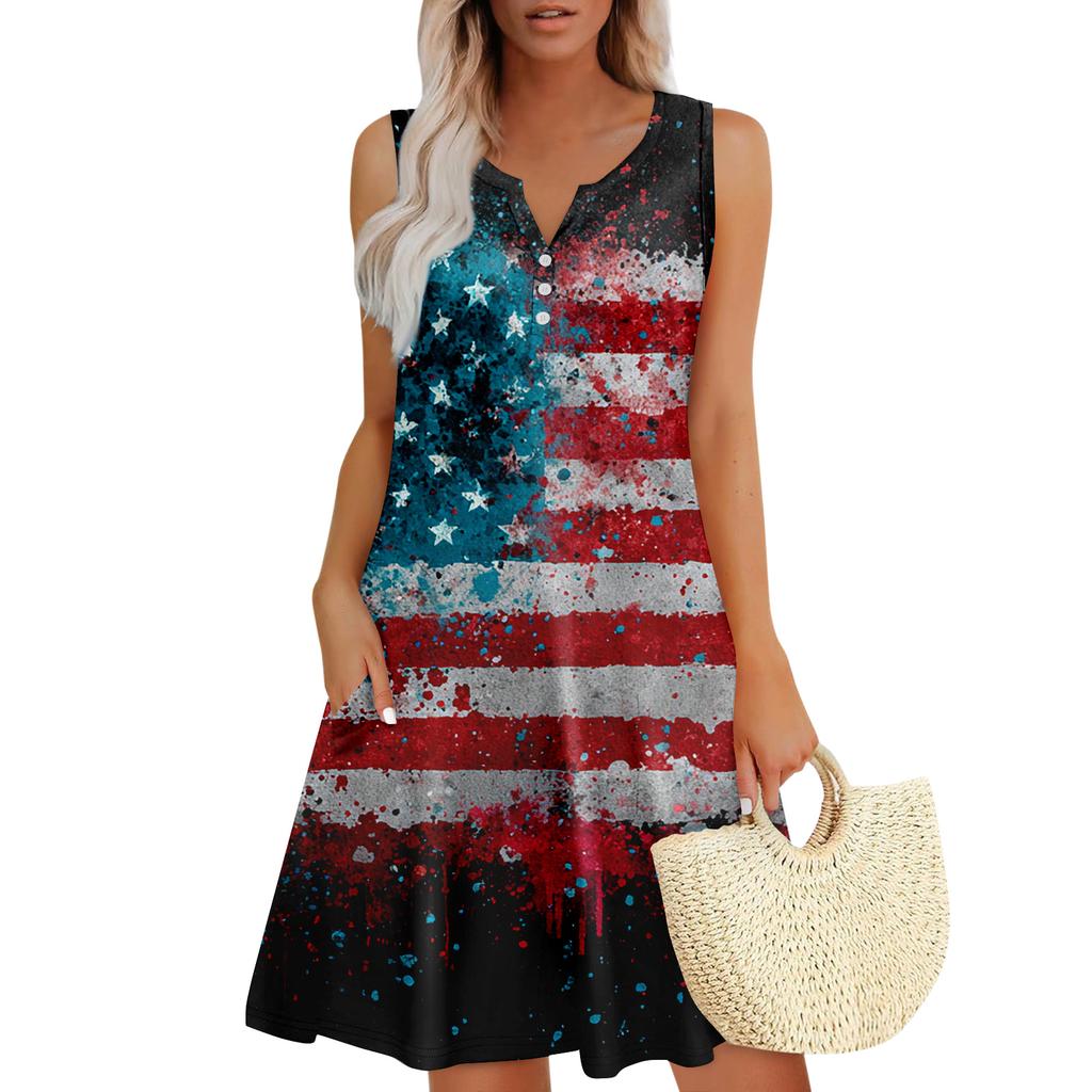 Damen Sommerkleider Lockeres V-Ausschnitt Ärmelloses Sommerkleid Kleid Mit Taschen