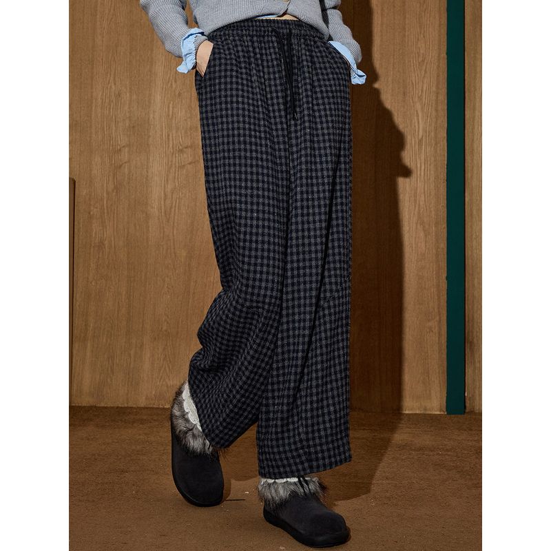 Coolhut Retro Dark Plaid Loose Casual Straight-Leg Pants High-Waisted Lazy Style Winter Women's Casual Pants