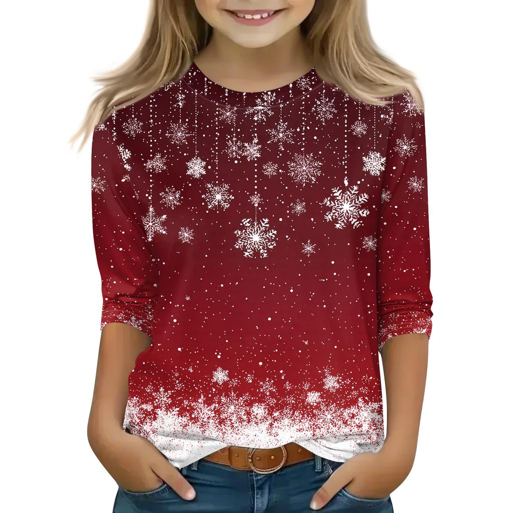 Christmas Day Print Tops For Youth Girls 4-11 Years Round Neck 3/4 Sleeves T-Shirts Trendy Tops Outfit Tees