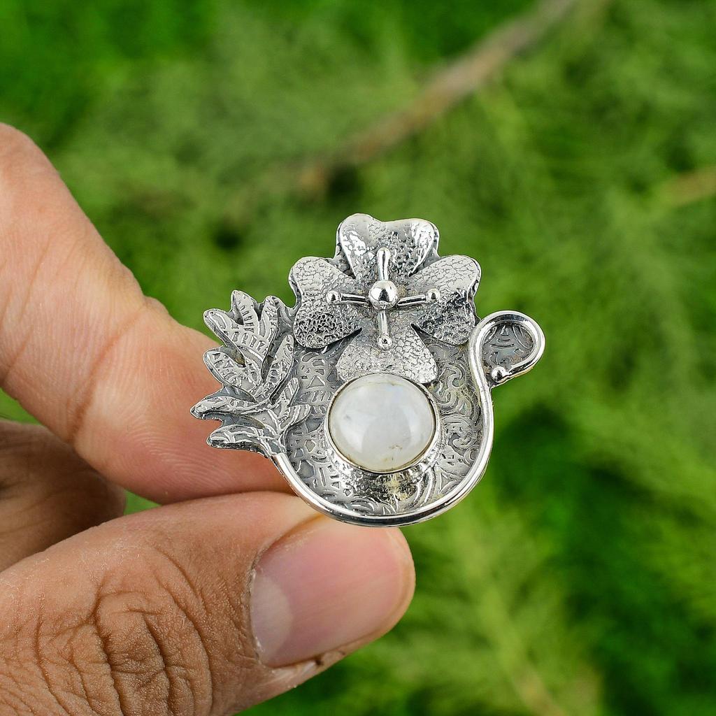 Sterling Silver Natural Rainbow Moonstone Promise Sister Stackable Flower Ring