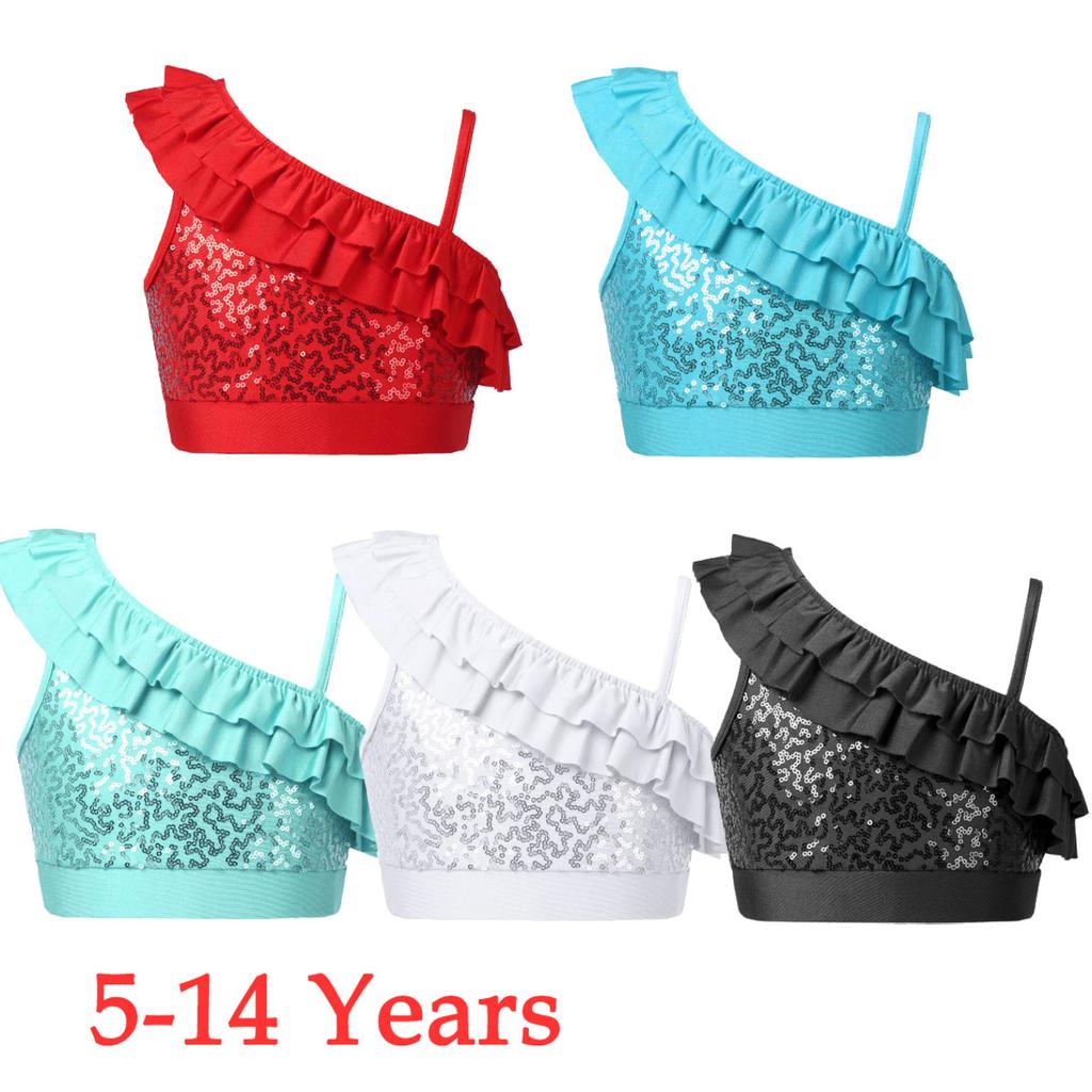 Kids Girls Dance Crop Top Asymmetrical Shoulder Straps Sleeveless Sequins Ruffle Tops Ballet Jazz Dance Stage Performance Wear