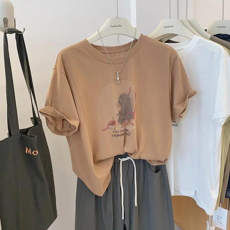 Women's Casual Abstract Figure Print T-Shirt Loose Fit Rolled Short Sleeve Crew Neck Summer Top