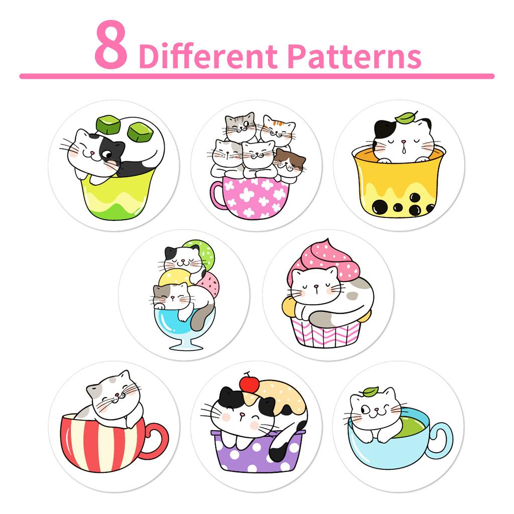 500 Sheets/Roll Cup Cat Sticker Roll Sticker Cute Wind Decorative Sticker Material Sealing Sticker