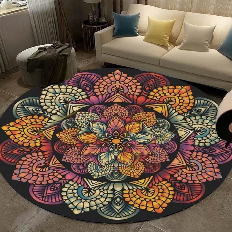 Vintage Mandala Round Carpet Geometric Floral Area Rug for Living Room Kitchen Dining Room Decorations Entryway Round Carpets