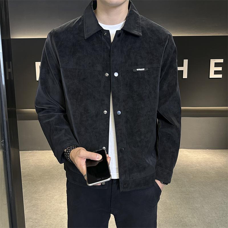 Suede Autumn Jacket for Men's Spring and Autumn New Trendy Slim Body Clothes Leather Jacket Lapel Jacket for Men