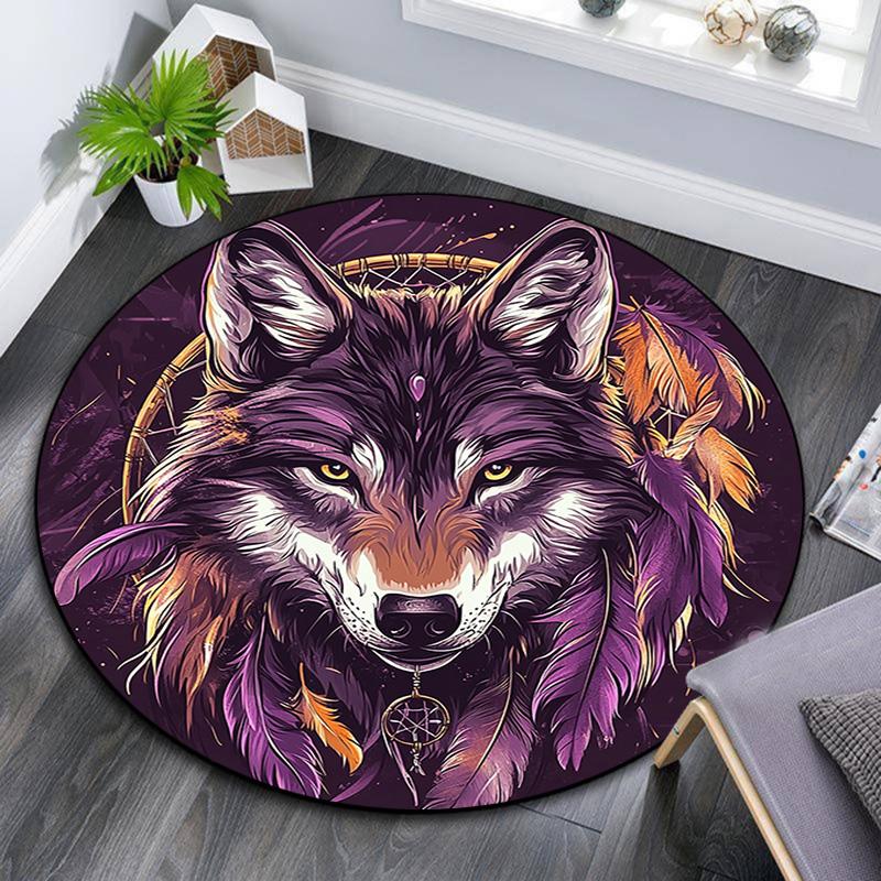 Wolf Dreamcatcher Round Area Rug,Carpet Rug for Living Room Bedroom Sofa Playroom Decor,Non-slip Floor Mat
