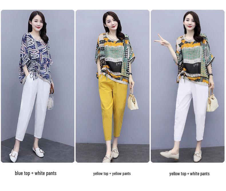 2025 Damen Übergröße Lässig Stilvoll Zweiteilig: Fünf-Ärmel Print T-Shirt & Neun-Punkte-Hose Set