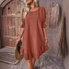 Women's Summer Cotton Linen Dress Casual Crew Neck Short Sleeve Midi Dress Beach Vacation Ruffle Hem Loose Dress
