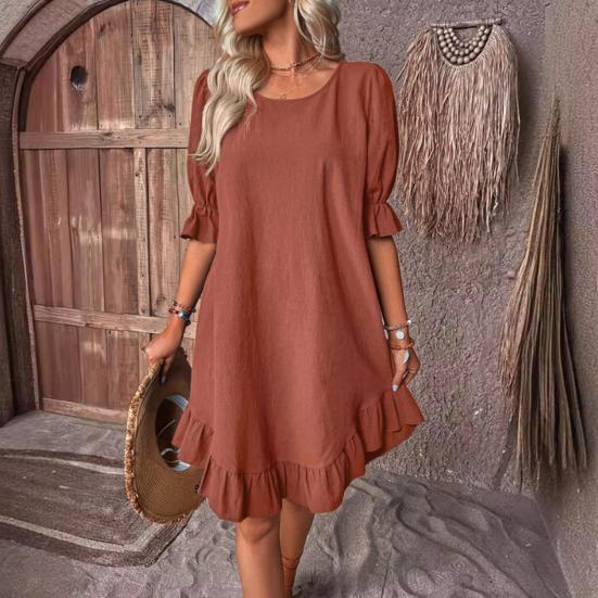 Women's Summer Cotton Linen Dress Casual Crew Neck Short Sleeve Midi Dress Beach Vacation Ruffle Hem Loose Dress