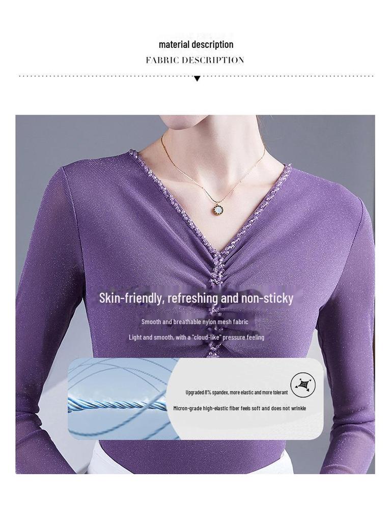 Women's Beaded V-Neck Mesh Long-Sleeve Slim Fit Tee - 2025 Spring/Autumn Collection